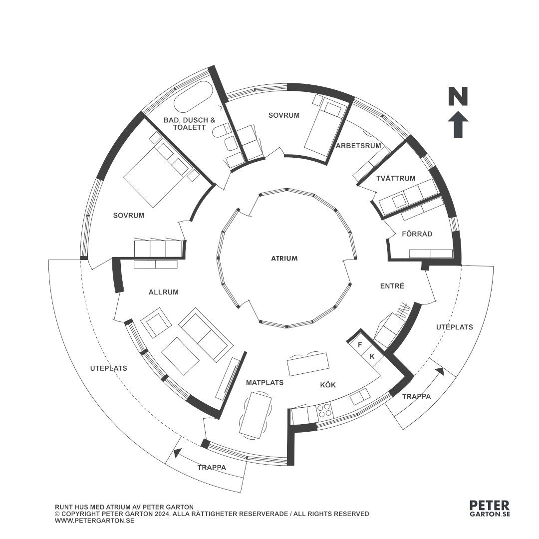 3D visualisering av runt hus med atrium på en strand bland sanddynor. Planlösning.